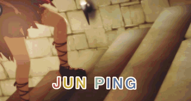 a girl is standing on a set of stairs with the words jun ping written on the bottom