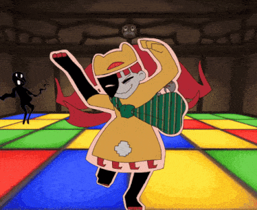 a cartoon drawing of a girl dancing on a colorful floor