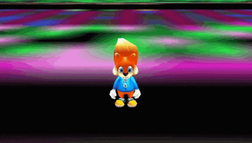 a cartoon squirrel in a blue shirt is standing in front of a colorful background