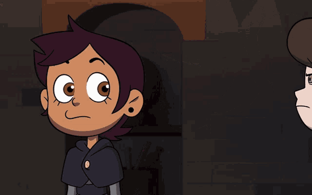 two cartoon characters are looking at each other and one is pointing at the other