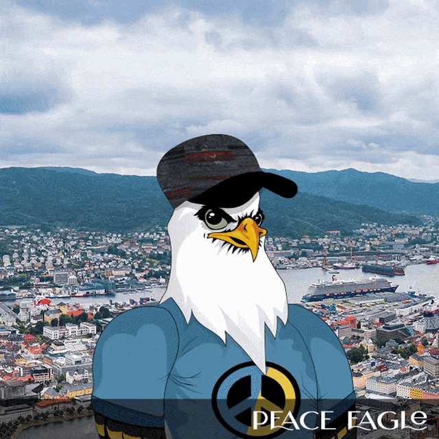 a cartoon eagle wearing a hat and a shirt that says peace eagle