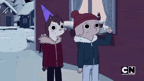 two cartoon characters standing next to each other with cn written on the bottom right