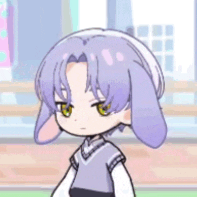 a cartoon character with purple hair and bunny ears is wearing a white hat .