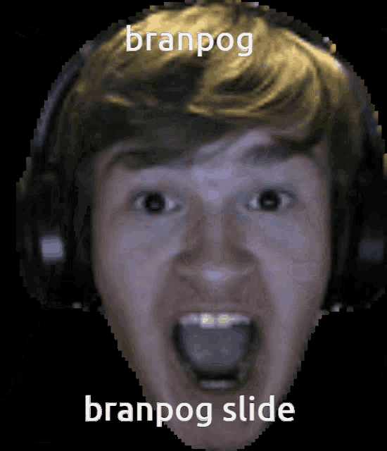 a man wearing headphones with his mouth open and the words branpog slide below him