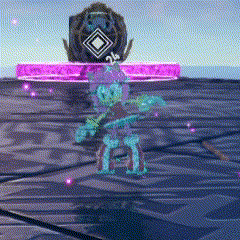 a cartoon character is standing in front of a purple circle in a video game .