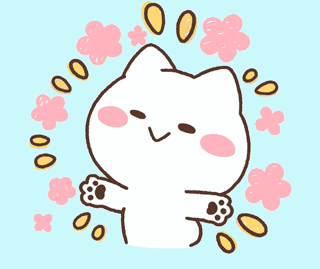 a drawing of a cat surrounded by pink flowers on a blue background