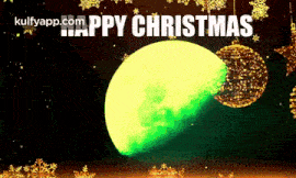 a happy christmas greeting with a green moon and gold ornaments
