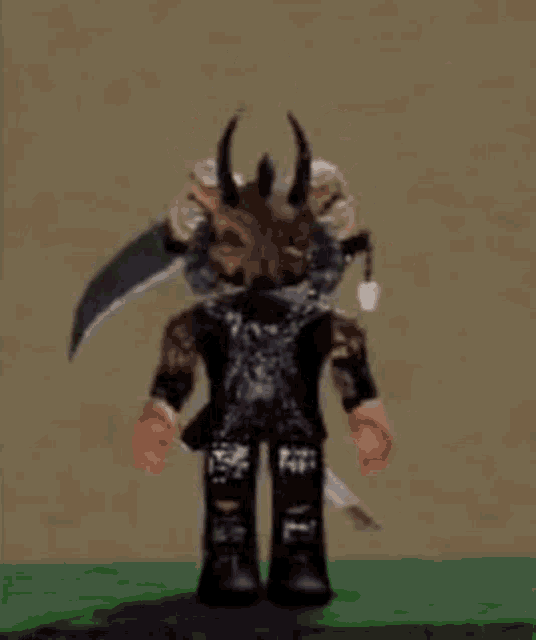 a cartoon character with horns and a sword is jumping in the air in a video game .
