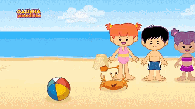 a group of children standing on a beach with the words galinha pintadinha written above them
