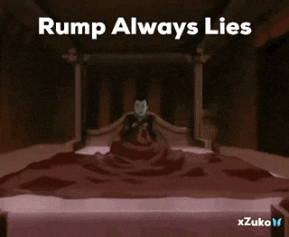 a cartoon of a man with a sword and the words " rump always lies " on the bottom