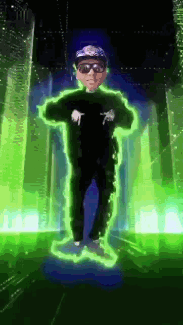 a cartoon character wearing sunglasses and a bandana is dancing on a green background