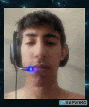 a man wearing headphones with a blue light coming out of his mouth and the caption kapwing