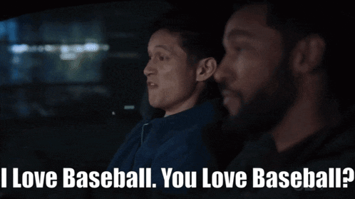 two men in a car with the words i love baseball