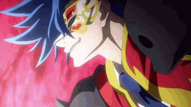a close up of a cartoon character with blue hair and a mask .