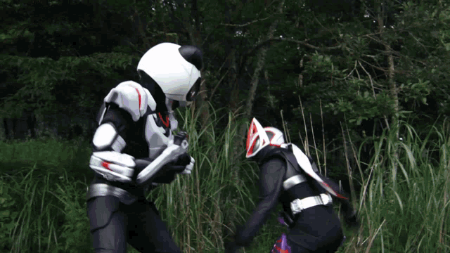 a man in a panda costume is holding a gun and kicking another man