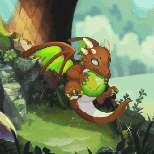 a cartoon dragon with green wings is holding a green ball