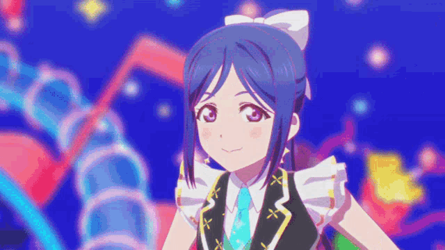 a girl with blue hair and a bow in her hair is smiling