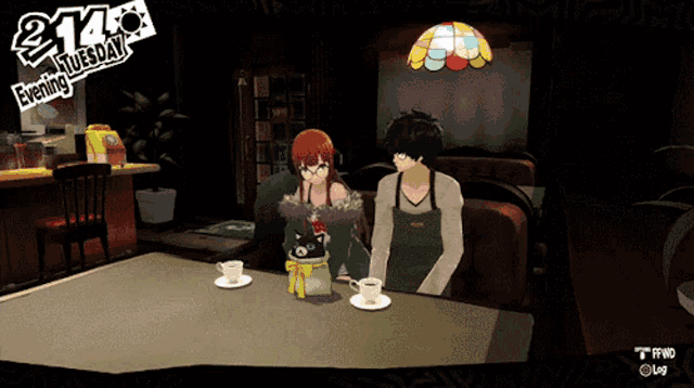 a video game screen shows a man and a woman sitting at a table on tuesday the 21st