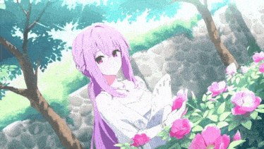 a girl with purple hair is holding a white bird in her hands