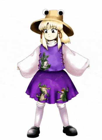 a cartoon girl is wearing a purple skirt and a hat with frogs on it .