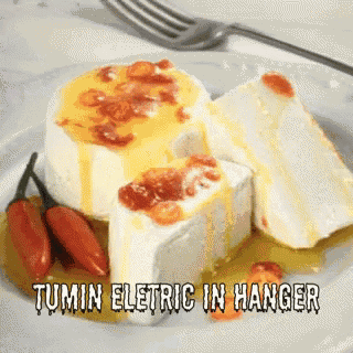 a plate of food with the words tumin eletric in hanger