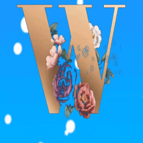 the letter w is surrounded by flowers and snowflakes on a blue background