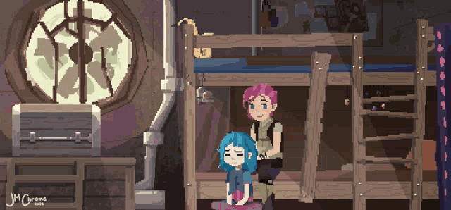 a pixel art drawing of two girls in a bunk bed by jm chroma