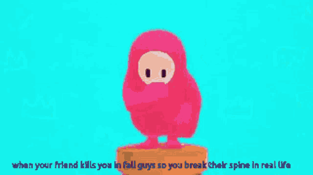 a cartoon character is standing on a podium with the words " when your friend kills you in fall guys " written below him