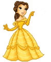 a pixel art of belle from beauty and the beast in a yellow dress and gloves .