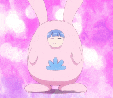 a pink cartoon character with blue hair and a blue cloud on its chest