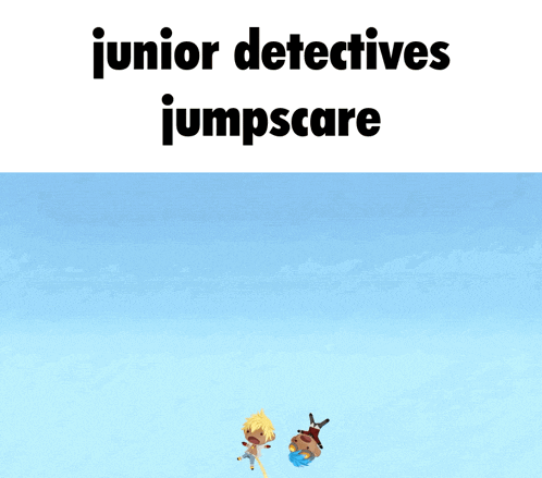 a cartoon character with the words junior detectives jumpscare