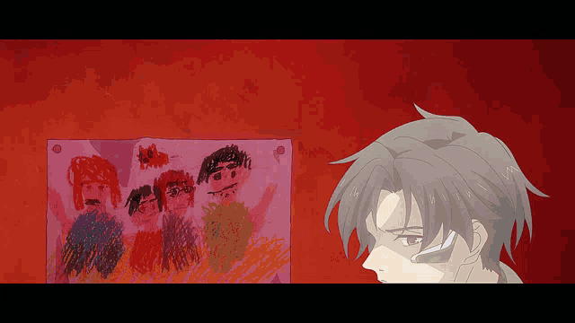 a man looking at a drawing of a family on a red background