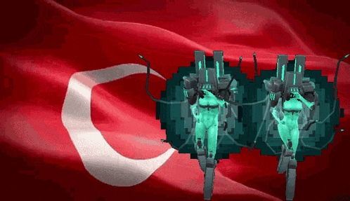 two robots are standing in front of a flag with the letter c on it