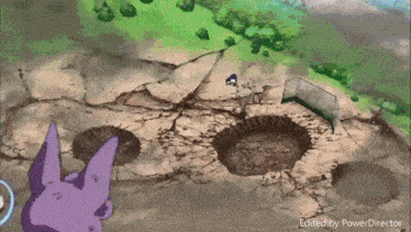 a purple rabbit is standing in front of a large hole in the ground