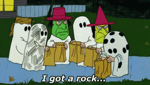 a group of cartoon characters dressed as ghosts are holding bags of treats and saying i got a rock