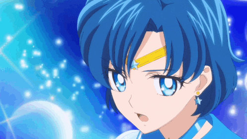 a close up of a blue haired anime character with a yellow star on her forehead