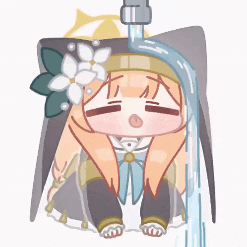 a cartoon of a girl sitting under a faucet with water pouring from it .