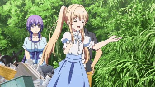 a girl in a blue dress stands next to a pile of trash