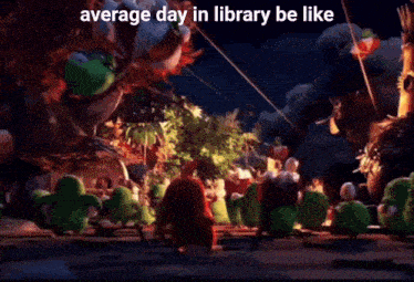 a group of people standing in front of a fire with the words " average day in library be like " above them
