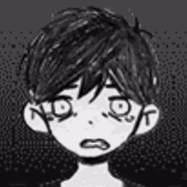 a black and white drawing of a boy with short hair and a sad look on his face .