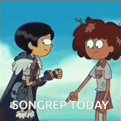 a couple of cartoon characters standing next to each other with the words songrep today .