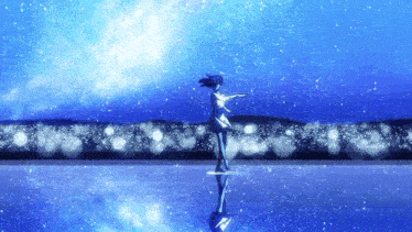 a girl is standing in the water with her arms outstretched against a starry sky
