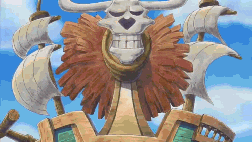 a cartoon drawing of a pirate ship with a skull and horns on it .