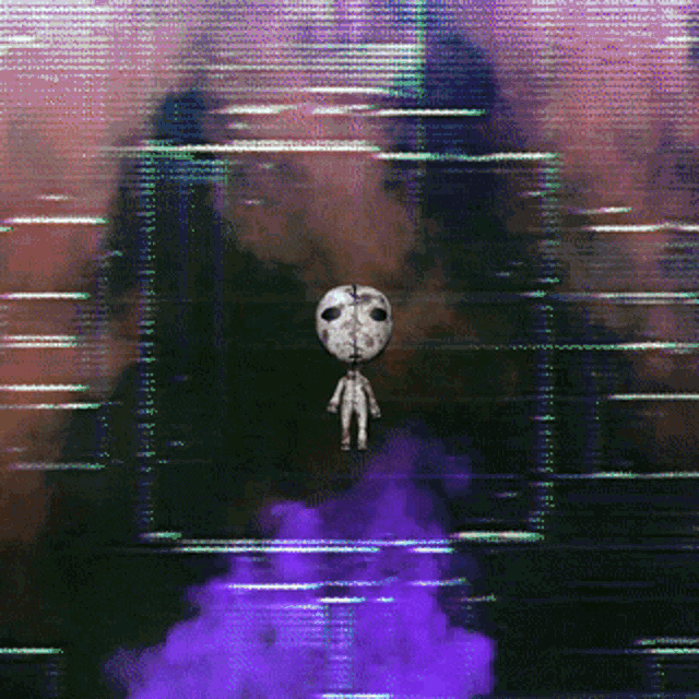 a skeleton is flying through a purple smokey area