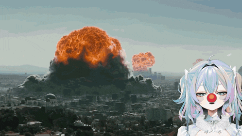 a girl with a red nose stands in front of an explosion in the sky
