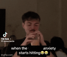 a tiktok video of a person with a hat on and a caption that says when the anxiety starts hitting