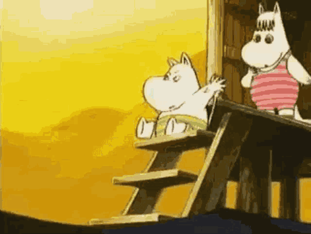 a couple of cartoon characters are sitting on a balcony .
