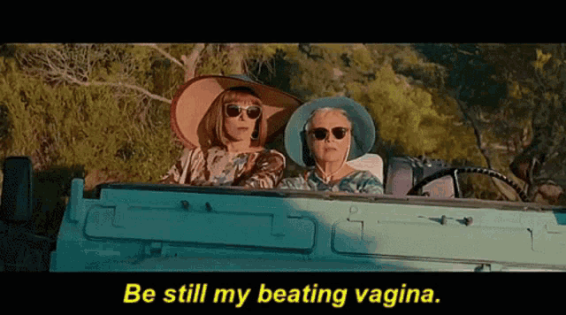 two women are sitting in a car with the words " be still my beating vagina " on the bottom