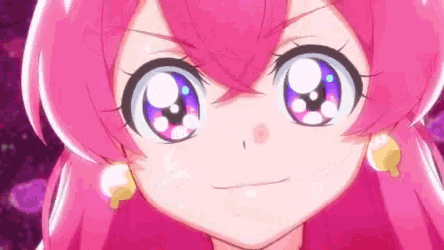 a close up of a pink haired anime girl with a purple background and big eyes .