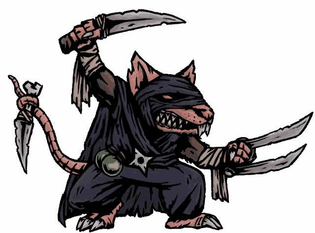 a drawing of a ninja rat holding a pair of swords